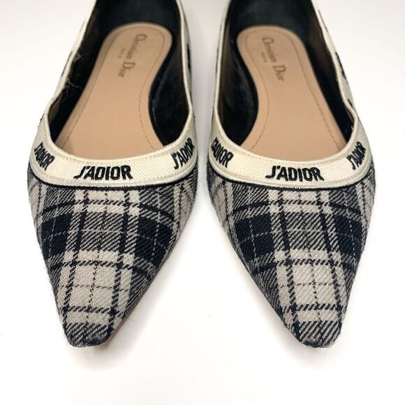 Dior J'Adior Tartan Print Wool Pointed Flats Logo Ribbon Trim EU 39 US 9 Black - Picture 3 of 11